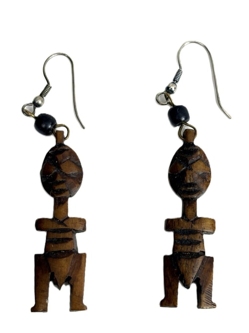 Vintage Hand Carved Wood Tiki Idol Dangle Earrings Boho Tribal Statement Jewelry